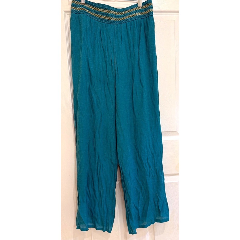 JM Collection‎ Palazzo Pants Wide Leg Smocked Waist Teal Blue Size S